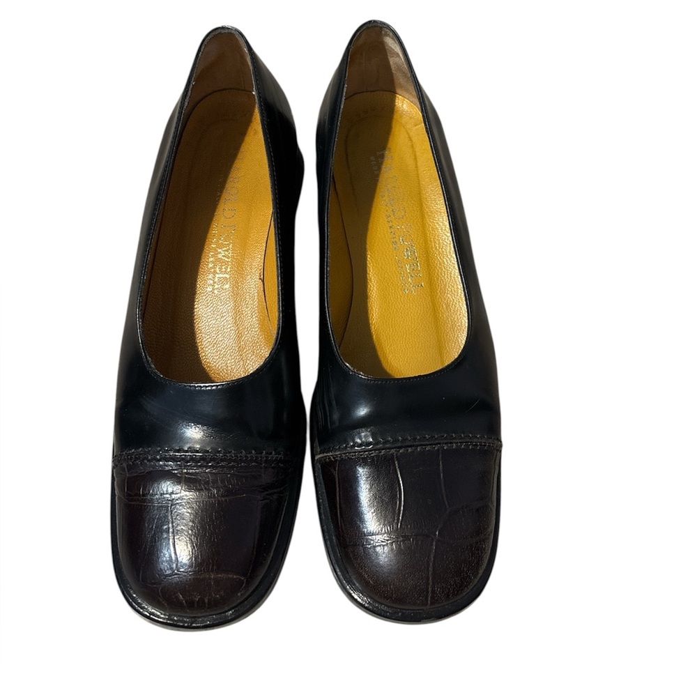 Harold's Black Flats with Dark Brown Croc-Embossed Toe